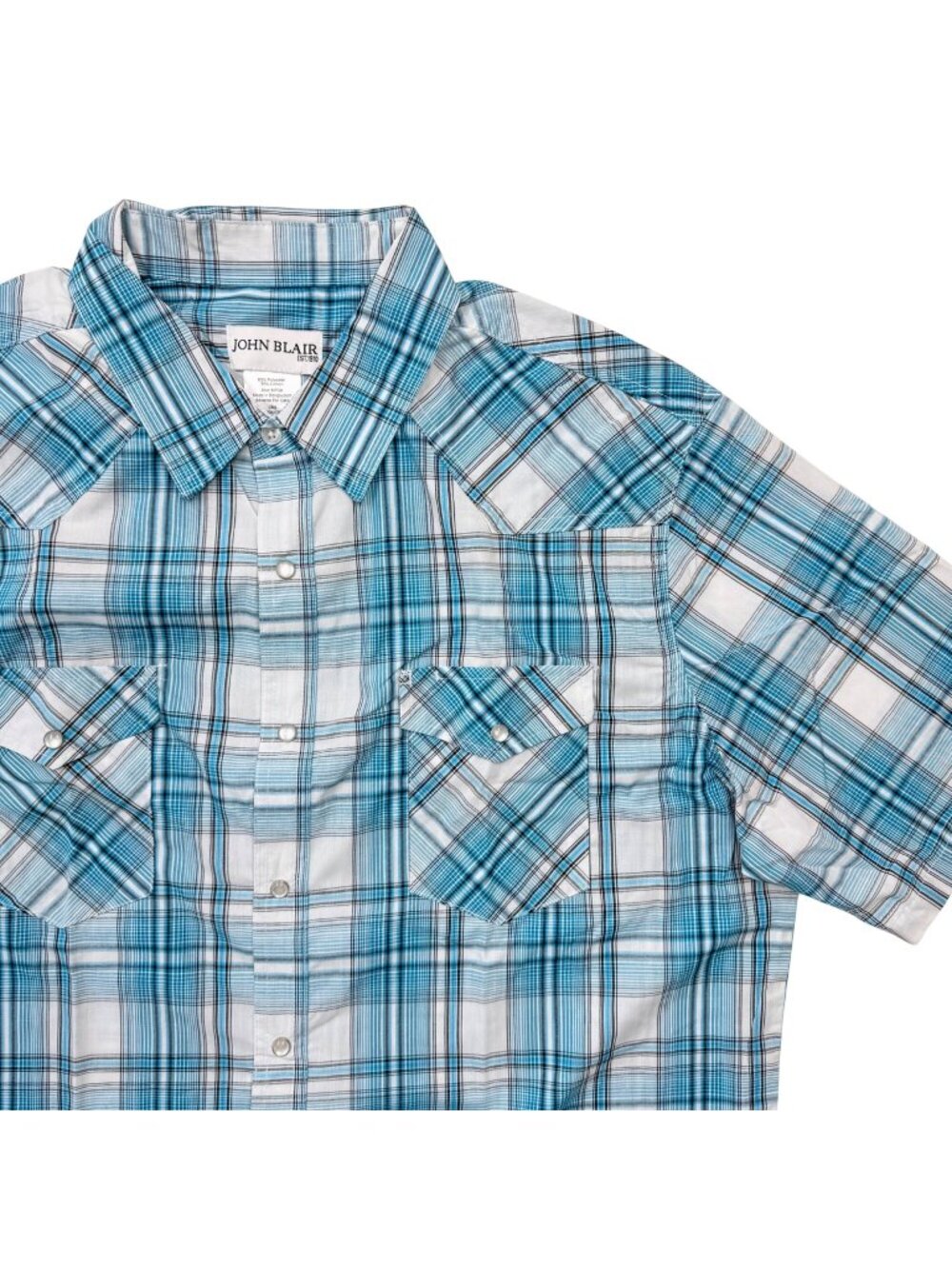 John Blair Plaid Pearl Snap Western Shirt Pilot Short Sleeve Teal Mens L NEW